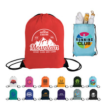 Load image into Gallery viewer, Collection of drawstring bags with various designs and colors on a white background