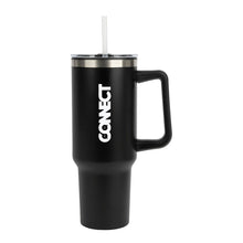 Load image into Gallery viewer, A black insulated mug with handle and straw