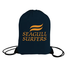 Load image into Gallery viewer, Black drawstring bag with 'Seagull Surfers' logo on a white background