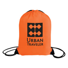 Load image into Gallery viewer, Orange drawstring bag with 'Urban Traveler' logo on a white background