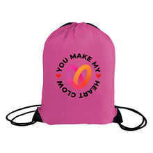 Load image into Gallery viewer, Pink drawstring bag with heart design and text on a white background