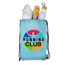 Load image into Gallery viewer, Light blue drawstring bag with 'Running Club' logo, containing items like a water bottle and towel.