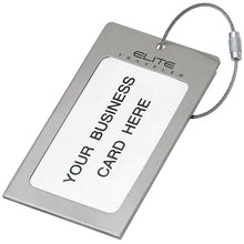 Load image into Gallery viewer, Silver luggage tag with 'Elite Traveler' branding and space for business card on a white background