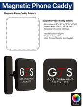 Load image into Gallery viewer, Magnetic phone caddy with GTS Golf Tournament Specialists branding on a white background