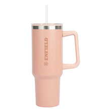 Load image into Gallery viewer, A salmon insulated mug with handle and straw