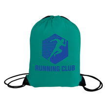 Load image into Gallery viewer, Green drawstring bag with blue 'Running Club' logo on a white background