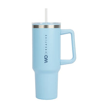 Load image into Gallery viewer, A blue insulated mug with handle and straw