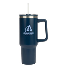 Load image into Gallery viewer, A dark blue insulated mug with handle and straw