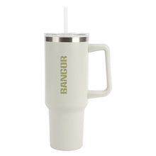 Load image into Gallery viewer, A white insulated mug with handle and straw