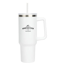 Load image into Gallery viewer, A white insulated mug with handle and straw