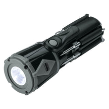 Load image into Gallery viewer, A black multi-tool flashlight screwdriver set with an LED flashlight and various drivers extending from the cylinder. It includes an electrically insulated handle and screwdriver stems.