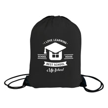 Load image into Gallery viewer, Black drawstring bag with white text and graphics on a white background
