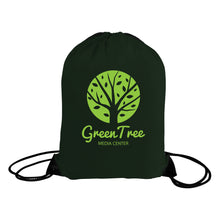 Load image into Gallery viewer, Black drawstring bag with green tree logo and text on a white background
