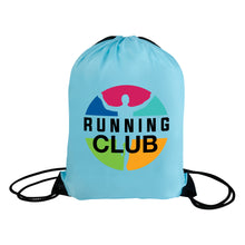 Load image into Gallery viewer, Light blue drawstring bag with &#39;Running Club&#39; logo on a white background
