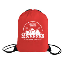 Load image into Gallery viewer, Red drawstring bag with mountain-themed design on a white background
