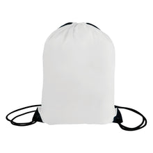 Load image into Gallery viewer, White drawstring bag with black straps on a white background
