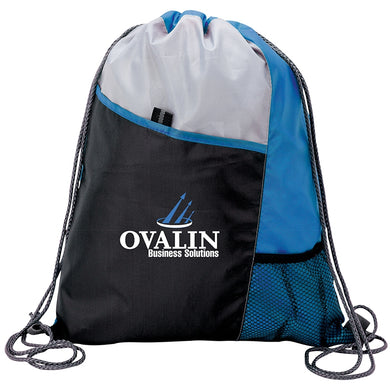 A blue drawstring bag