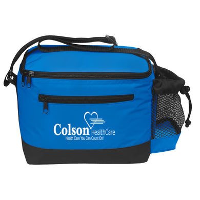Blue cooler bag with black accents and Colson Healthcare logo on a white background