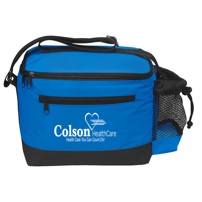 Blue cooler bag with black accents and Colson Healthcare logo on a white background
