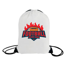 Load image into Gallery viewer, White drawstring bag with &#39;Football College League&#39; logo on a white background
