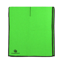 Load image into Gallery viewer, a club glove neon green towel with waffle texture with black trim
