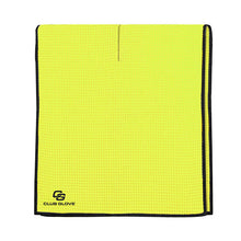 Load image into Gallery viewer, a club glove neon yellow towel with waffle texture with black trim
