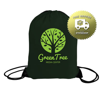 Green drawstring bag with 'Green Tree Media Center' logo and free shipping badge on a white background