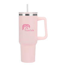 Load image into Gallery viewer, A peach insulated mug with handle and straw
