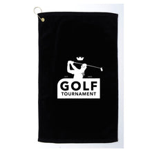 Load image into Gallery viewer, A black golf towel with a white screen printed logo depicting a golfer and the text 'GOLF TOURNAMENT'. It has a grommet with a hook for hanging.
